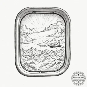 A view from a window seat of an airplane, loo... - эскиз тату (№1751143234_0, 28.06.2025 20:40) — tattoo-photo.ru