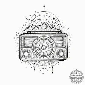 A vintage radio broadcasting sound waves and... - эскиз тату (№1751147338_0, 28.06.2025 21:48) — tattoo-photo.ru