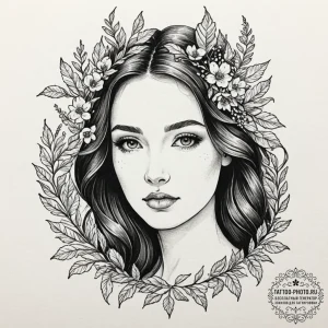 A serene tattoo sketch of the goddess lada, h... - эскиз тату (№1751147843_0, 28.06.2025 21:57) — tattoo-photo.ru