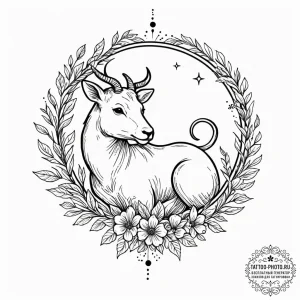 Tattoo sketch a zodiac animal resting among a... - эскиз тату (№1751150945_0, 28.06.2025 22:49) — tattoo-photo.ru