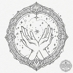 Tattoo sketch: a stylized woman's hands weavi... - эскиз тату (№1751153129_0, 28.06.2025 23:25) — tattoo-photo.ru
