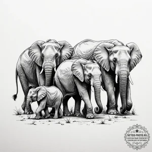 A family of elephants walking in a line towar... - эскиз тату (№1751155645_0, 29.06.2025 00:07) — tattoo-photo.ru