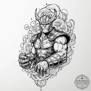 A trash polka portrait of thanos with the inf... - эскиз тату (№1751156165_0, 29.06.2025 00:16) — tattoo-photo.ru