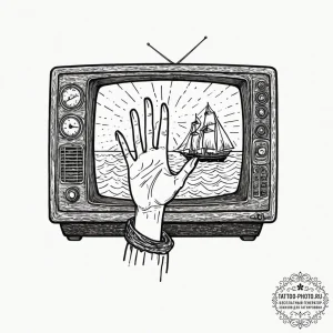 A graphic novel panel of the "they're heeeere... - эскиз тату (№1751156277_0, 29.06.2025 00:17) — tattoo-photo.ru
