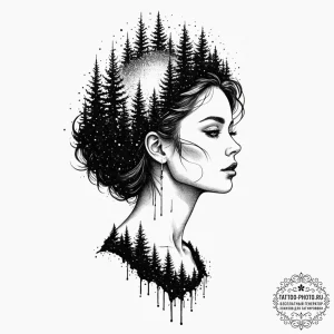 A human silhouette filled with a forest/galax... - эскиз тату (№1751157031_0, 29.06.2025 00:30) — tattoo-photo.ru