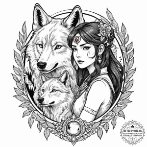 A neo-traditional portrait of princess monono... - эскиз тату (№1751158033_0, 29.06.2025 00:47) — tattoo-photo.ru
