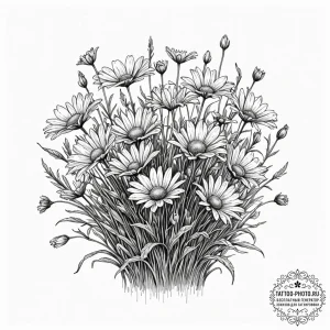 Tattoo sketch a field of daisies with a gentl... - эскиз тату (№1751164175_0, 29.06.2025 02:29) — tattoo-photo.ru
