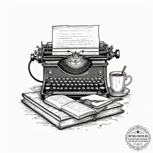 A cozy, messy writer's desk with a vintage ty... - эскиз тату (№1751167283_0, 29.06.2025 03:21) — tattoo-photo.ru