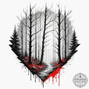A dark, moody forest with rays of light break... - эскиз тату (№1751169191_0, 29.06.2025 03:53) — tattoo-photo.ru
