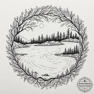 Tattoo design a flowing river of code that tr... - эскиз тату (№1751170664_0, 29.06.2025 04:17) — tattoo-photo.ru
