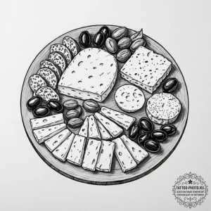 A charcuterie board with a variety of cheeses... - эскиз тату (№1751176037_0, 29.06.2025 05:47) — tattoo-photo.ru