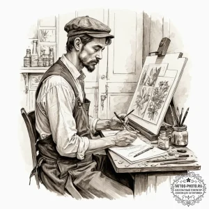 A thoughtful portrait of a painter in their m... - эскиз тату (№1751177040_0, 29.06.2025 06:04) — tattoo-photo.ru