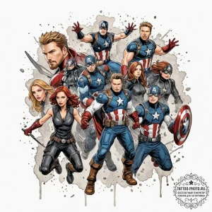 A graphic novel panel of the "avengers assemb... - эскиз тату (№1751178200_0, 29.06.2025 06:23) — tattoo-photo.ru
