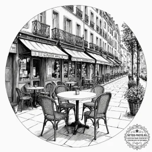 A charming parisian street cafe, with wicker... - эскиз тату (№1751179350_0, 29.06.2025 06:42) — tattoo-photo.ru