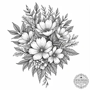 Tattoo sketch a delicate bouquet where each f... - эскиз тату (№1751180241_0, 29.06.2025 06:57) — tattoo-photo.ru