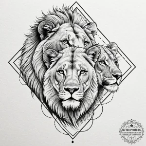 Tattoo design a lion and lioness together, sy... - эскиз тату (№1751182763_0, 29.06.2025 07:39) — tattoo-photo.ru