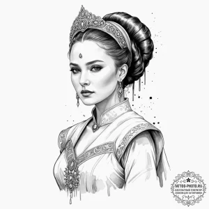 A sketch of queen amidala in her royal attire... - эскиз тату (№1751187468_0, 29.06.2025 08:57) — tattoo-photo.ru