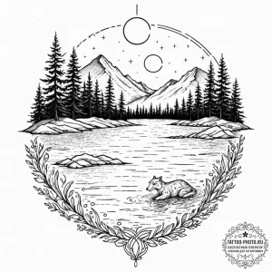 Tattoo design a calm lake with a fantasy crea... - эскиз тату (№1751188757_0, 29.06.2025 09:19) — tattoo-photo.ru
