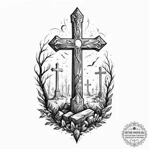 Tattoo sketch a stylized graveyard with a lon... - эскиз тату (№1751188860_0, 29.06.2025 09:21) — tattoo-photo.ru