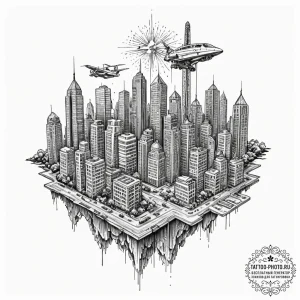 Tattoo design a retro pixelated cityscape wit... - эскиз тату (№1751189493_0, 29.06.2025 09:31) — tattoo-photo.ru