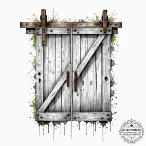 A shot of an old, weathered barn door with a... - эскиз тату (№1751192842_0, 29.06.2025 10:27) — tattoo-photo.ru