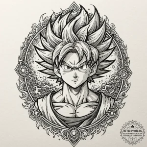 A sketch of son goku from dragon ball z, in h... - эскиз тату (№1751192939_0, 29.06.2025 10:28) — tattoo-photo.ru
