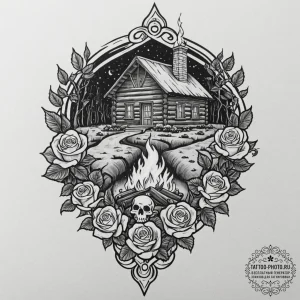 The interior of a log cabin with a fire roari... - эскиз тату (№1751193546_0, 29.06.2025 10:39) — tattoo-photo.ru