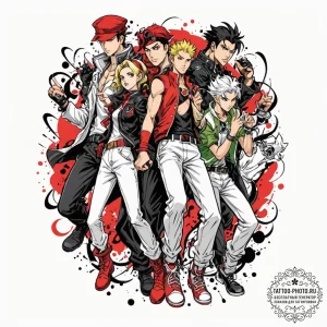 A trash polka tattoo of the main characters f... - эскиз тату (№1751195474_0, 29.06.2025 11:11) — tattoo-photo.ru