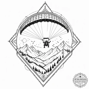 A paraglider soaring over a mountainous valle... - эскиз тату (№1751215984_0, 29.06.2025 16:53) — tattoo-photo.ru