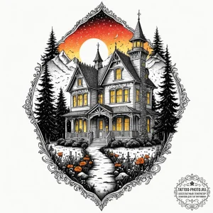 A haunted house silhouette, tattoo sketch des... - эскиз тату (№1751219881_0, 29.06.2025 17:58) — tattoo-photo.ru