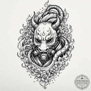 Tattoo sketch a stylized gas mask with a sing... - эскиз тату (№1751223021_0, 29.06.2025 18:50) — tattoo-photo.ru
