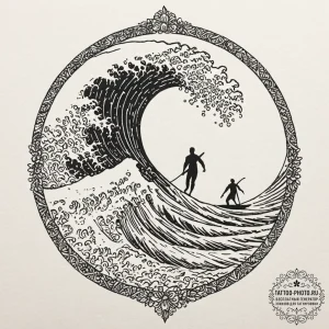 A surfer riding a massive, curling wave., ink... - эскиз тату (№1751223610_0, 29.06.2025 19:00) — tattoo-photo.ru