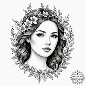 A serene tattoo sketch of the goddess lada, h... - эскиз тату (№1751224521_0, 29.06.2025 19:15) — tattoo-photo.ru