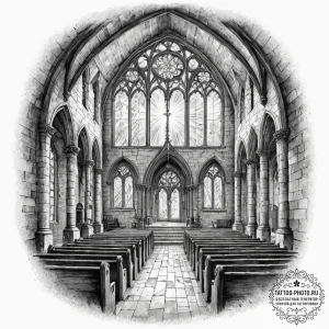 The inside of an old, abandoned church, with... - эскиз тату (№1751225691_0, 29.06.2025 19:34) — tattoo-photo.ru