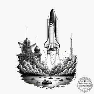 A space shuttle on the launchpad, steam billo... - эскиз тату (№1751225875_0, 29.06.2025 19:37) — tattoo-photo.ru