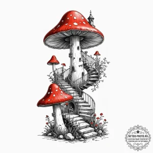 Tattoo design a mushroom with a spiral stairc... - эскиз тату (№1751226501_0, 29.06.2025 19:48) — tattoo-photo.ru