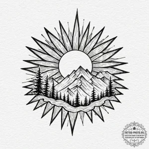 Tattoo sketch a sun rising over a mountain ra... - эскиз тату (№1751226588_0, 29.06.2025 19:49) — tattoo-photo.ru