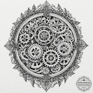 A close-up of a vintage watch movement, gears... - эскиз тату (№1751227761_0, 29.06.2025 20:09) — tattoo-photo.ru