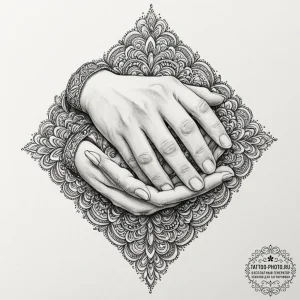 Tattoo design a hand gently holding a child's... - эскиз тату (№1751228832_0, 29.06.2025 20:27) — tattoo-photo.ru