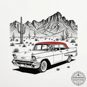 A dusty, forgotten vintage car left to rust i... - эскиз тату (№1751230960_0, 29.06.2025 21:02) — tattoo-photo.ru