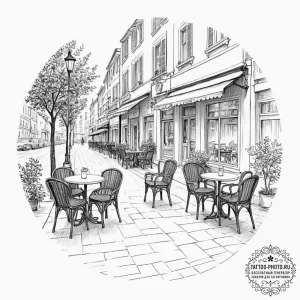 A charming parisian street cafe, with wicker... - эскиз тату (№1751325915_0, 30.06.2025 23:25) — tattoo-photo.ru
