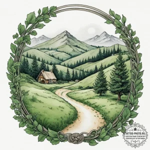 A watercolor sketch of the shire, with bag en... - эскиз тату (№1751326158_0, 30.06.2025 23:29) — tattoo-photo.ru