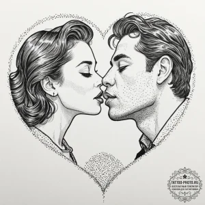 A graphic novel panel of the upside-down kiss... - эскиз тату (№1751328249_0, 01.07.2025 00:04) — tattoo-photo.ru