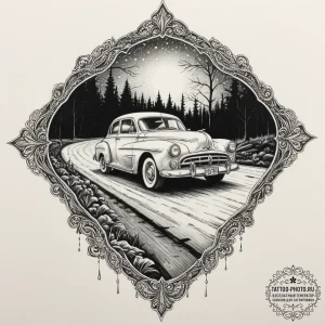 A car driving on a wet road at night, headlig... - эскиз тату (№1751328716_0, 01.07.2025 00:11) — tattoo-photo.ru