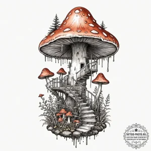 Tattoo design a mushroom with a spiral stairc... - эскиз тату (№1751331823_0, 01.07.2025 01:03) — tattoo-photo.ru