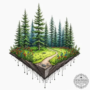 Tv with a forest growing out of the screen, t... - эскиз тату (№1751335982_0, 01.07.2025 02:13) — tattoo-photo.ru