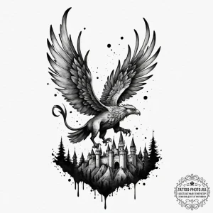 Tattoo sketch a stylized griffin flying over... - эскиз тату (№1751337264_0, 01.07.2025 02:34) — tattoo-photo.ru