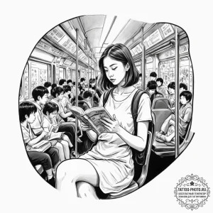 A young woman reading a book on a crowded tok... - эскиз тату (№1751338711_0, 01.07.2025 02:58) — tattoo-photo.ru