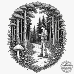 A shot of a person foraging for wild mushroom... - эскиз тату (№1751338941_0, 01.07.2025 03:02) — tattoo-photo.ru