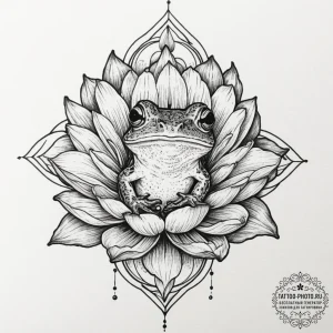 A photorealistic shot of a frog on a lily pad... - эскиз тату (№1751339581_0, 01.07.2025 03:13) — tattoo-photo.ru